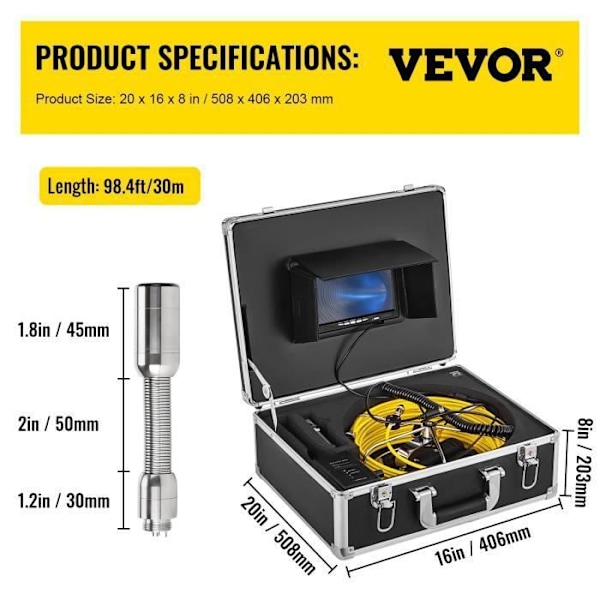 Endoskopkamera - VEVOR 30m vattentät avloppsvideoinspektionskamera LCD DVR Bärbart avloppsrör