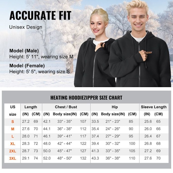 Uppvärmd hoodie-VEVOR-13 W-Unisex uppvärmd tröja med 7,4 V batteri-för camping, storlek S Svart XL