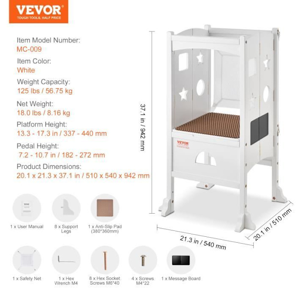 Utsiktstorn för barn -VEVOR- 510x540x942mm, 56,75kg, Vit, hopfällbart massivt trä 3 högt skyddsnät