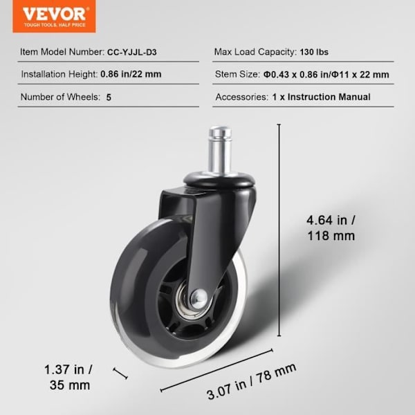 Svängbara hjul - VEVOR - Kontorsstol Hjul 5 ersättningshjul 76,2 mm