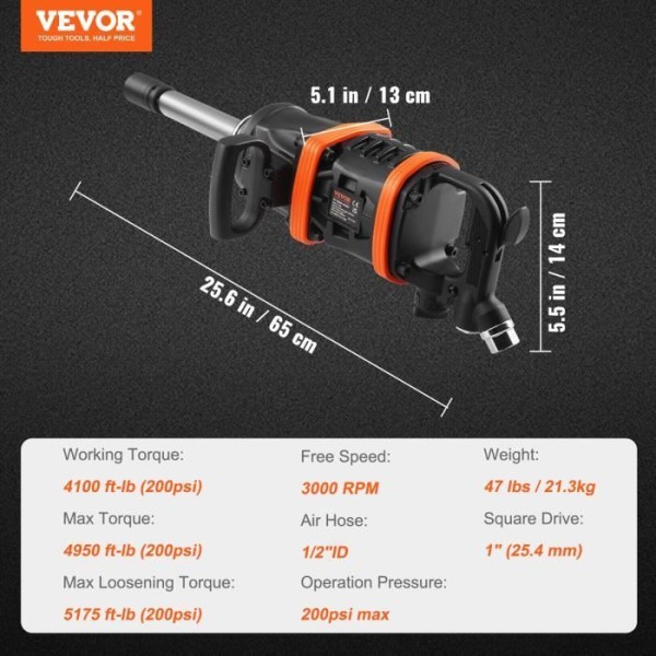 Pneumatisk slagnyckel - VEVOR - 2,54 cm slagnyckel 7016Nm omvänd vridmomentutgång