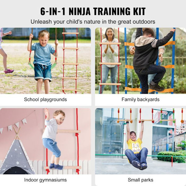 Ninjabana för barn Slackline Kit-VEVOR-2x15,24m-med klätternät Monkey Bar för trädgården