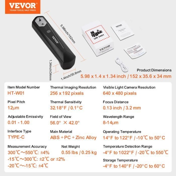 Värmekamera - VEVOR - upplösning 256 x 192 IR, 25 Hz uppdateringsfrekvens för smartphone, -4°F-1022°F, IP54