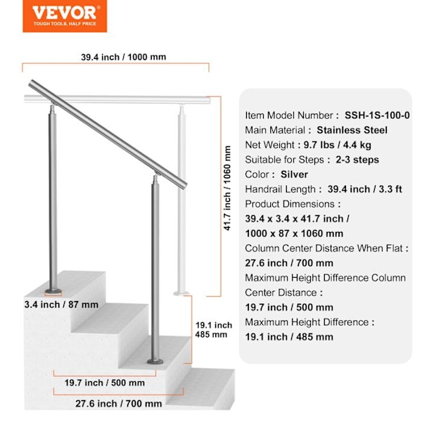 Trappräcken-VEVOR-1000 x 87 x 1060 mm-Rostfritt stål- för äldre, veranda och terrass-Sidmontering