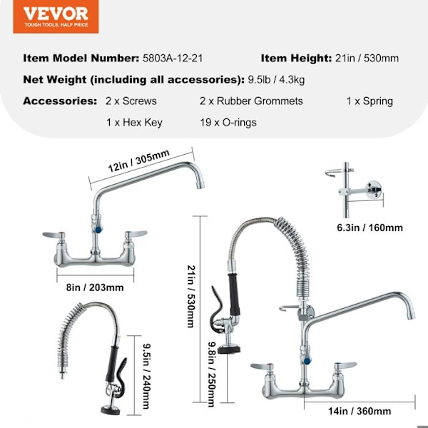 Kommersiell köksblandare - VEVOR - Utdragbar spray - 530 mm hög, 203 mm centrumavstånd, 305 mm vridbar pip - 1/2/3 fack diskbänk