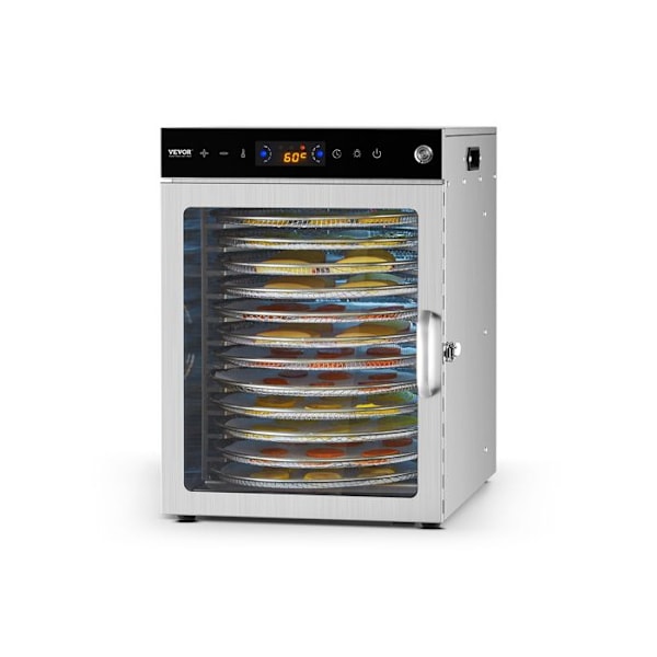 Rotationsavfuktare för livsmedel-VEVOR-12 Brickor-El-tork för livsmedel 800 W-Justerbar temperatur-Timer 24 h