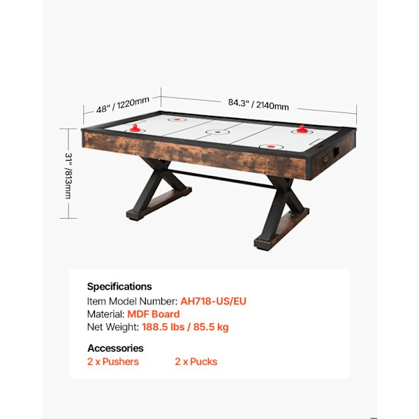 Luft hockeybord-VEVOR-214 cm-Inomhus luft hockey spelbord-set med 2 puckar och 2 tryckare