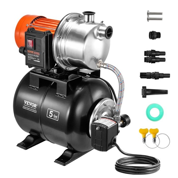 Booster Unit-VEVOR-735 W-Shallow Well Pump med 19 L trycktank, 3785 L/h-för gräsmatta, trädgård