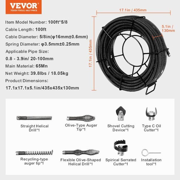 Avloppsrengöringskabel-VEVOR-30 m x 16 mm,7 skär för rör 20-100 mm-för diskho, golvbrunn, toalett