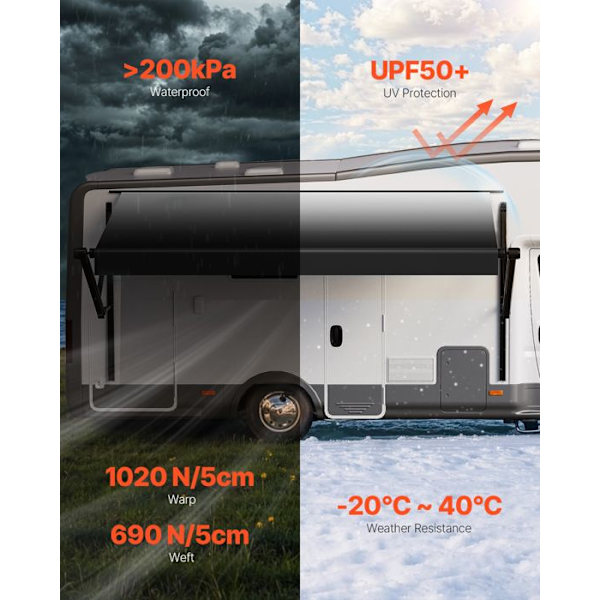 Campingbil Tält Sido-VEVOR-459 cm-Vattentät och Utrullningsbar-Elektrisk Justering-Svart Gradient Gradient svart
