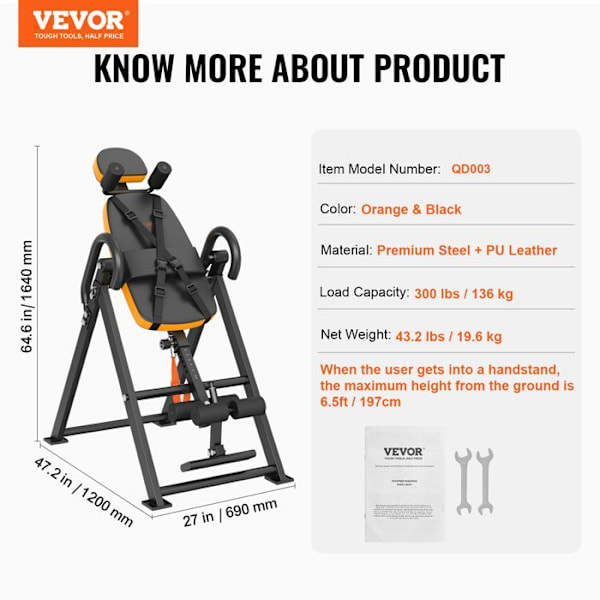 Inversion Table-VEVOR-Styrketräningsbänk-Stöder Upp Till 300 lb-Hållbar Rysträckningsanordning-Orange och Svart svart och orange