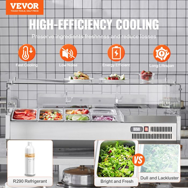 Kyld saladette till ställ-VEVOR-140 W-2 1/3,4 1/6 Pans-304 Rostfritt stålkropp, PC-lock-Smörgåsberedningsingredienser