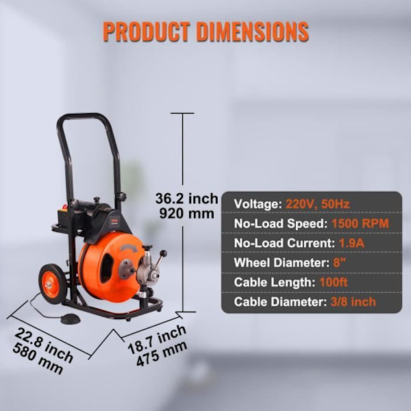 Electric Pipe Unblocker - VEVOR - Auto Power Pipe Cleaning Machine 30 m x 9,5 mm