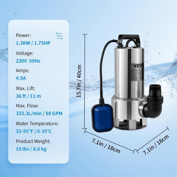 Avloppslyftspump - VEVOR - 1300 W 333,3 L-min avloppspump - med utloppsadapter