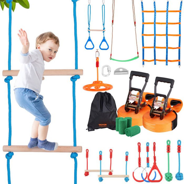 Ninja Course for Kids Slackline Kit-VEVOR-2x19,8m-med klätternät Monkey Bar för trädgården