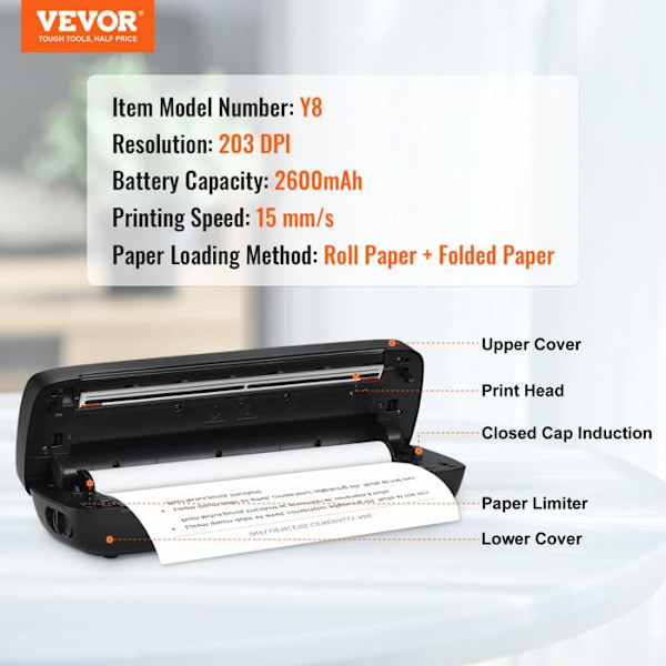 Bärbar trådlös termisk skrivare 203 DPI-VEVOR-för A4, A5 och 216x279 mm termopapper-kompatibel med iOS, Android