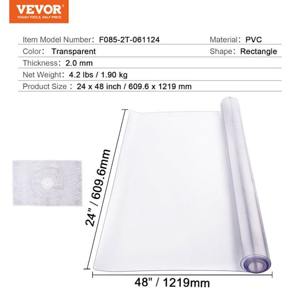 Transparent PVC skrivbordsöverdrag-VEVOR-609,6 x 1219 mm-rektangulär, lätt att rengöra för kontor, matsal