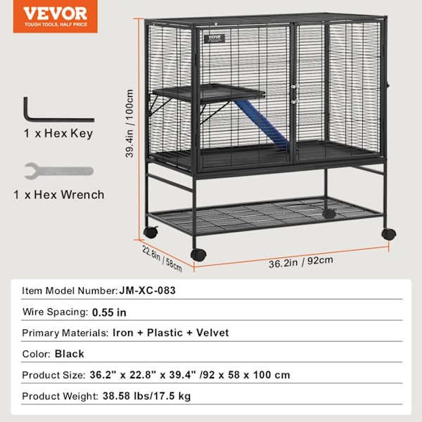 Bur i metall för illrar-VEVOR-920 x 580 x 1000 mm-Rymligt hem med två nivåer, ramper och plattform ingår