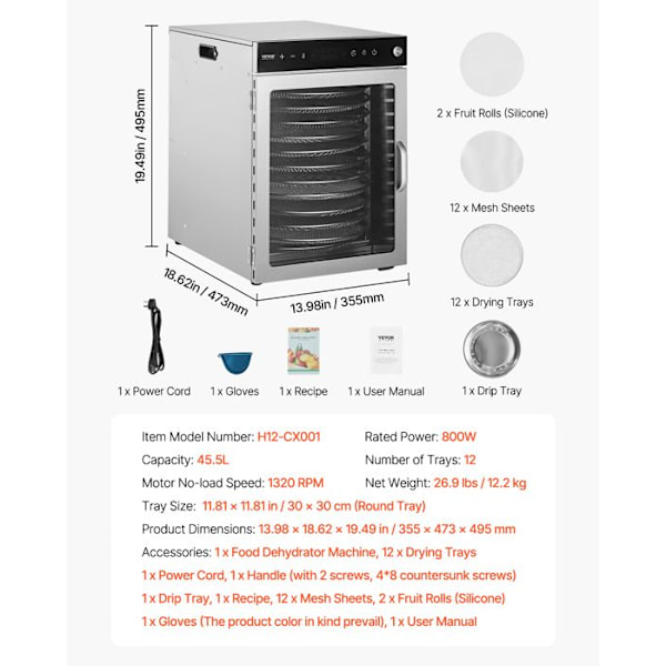 Rotationsavfuktare för livsmedel-VEVOR-12 Brickor-El-tork för livsmedel 800 W-Justerbar temperatur-Timer 24 h