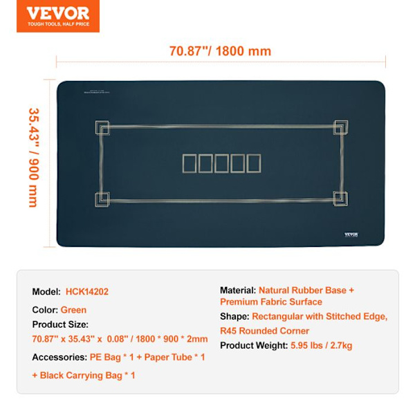 Pokermatta-VEVOR-1 800 x 900 x 2mm-Säten 6 till 8 spelare-för hemmapokerkvällar, rektangulär-grön