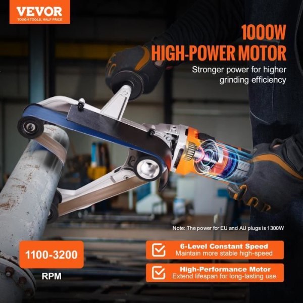 Rörpolerare - VEVOR - 300 x 78 x 113 mm, 1300W 6 variabla hastigheter 1100-3200 rpm, med 100 slipband på 40 x 760 mm