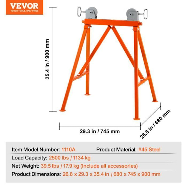 Rörstöd - VEVOR - tung last 1134 kg - lämplig för rör 5-91cm - med rullhuvud - rörledningar, byggnadskonstruktion