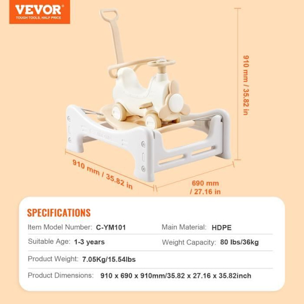 Gunghäst - VEVOR - 910 x 690 x 910 mm 5 i 1 gungleksak för 1-3 år med vit studsmatta 36 kg kapacitet