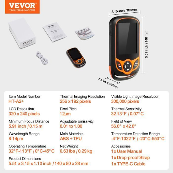 Värmekamera - VEVOR - Upplösning 256 x 192, med WiFi, 25 Hz uppdateringsfrekvens, 3,2" pekskärm, räckvidd -20°C - 550°C
