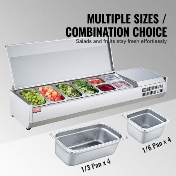 Saladette för kyld bänkskiva-VEVOR-155W- 4 1/3 kastrull och 4 1/6 kastruller-304 rostfritt stål Body-PC Lock-Köksingredienser