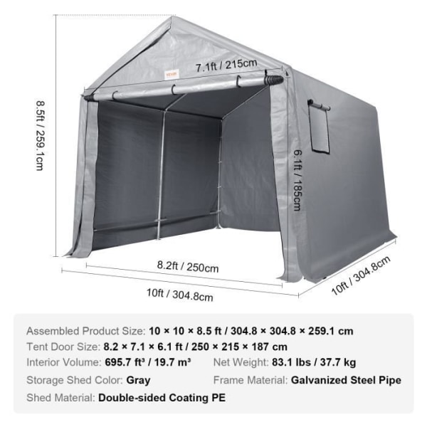 Trädgårdsbod - VEVOR - Utomhusgarage Förvaringstält 304,8x304,8x259,1 cm Dragkedja med rulljalusi