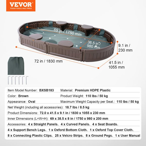 Sandlåda med lock-VEVOR-1830 x 1055 x 230 mm-för utomhusträdgård, strand, park, present till barn 3 till 12 år gammal-brun kastanj
