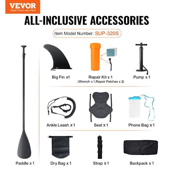 Uppblåsbar paddel - VEVOR - Uppblåsbar paddel Stand Up SUP Paddle Board 323 cm med sitstillbehör, 3230 × 838 × 152 mm