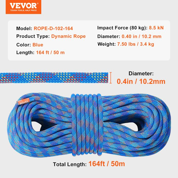 VEVOR Dynamic Rope - 25 kN draghållfasthet - för flykt, rappellering, brandräddning - blå