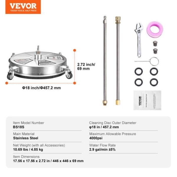 VEVOR Högtryckstvätt Ytrengöring 457mm 276bar 2 förlängningar