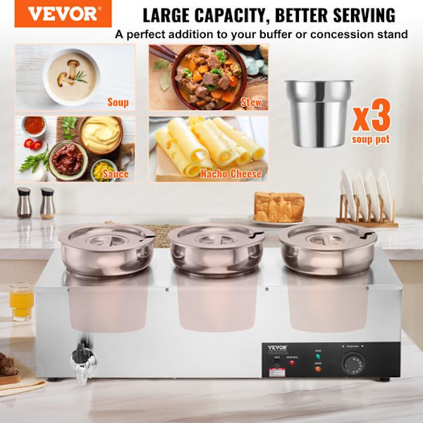 Soup Warmer 3 x 7 L-VEVOR-Elektrisk Soup Station 1200 W-Anti-Dry Burning and Reset Button, Bufférestaurang