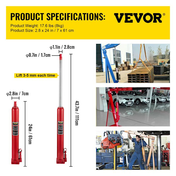 Lång hydraulcylinder för 4 ton verkstadskran-VEVOR-Hydraulstång för getmotorlyft, bilunderhåll-röd