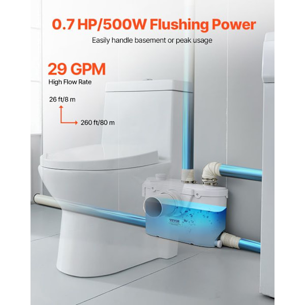 Sanitärkvarn 500 W för WC-VEVOR-med 4 Vatteninlopp, 110 L/min