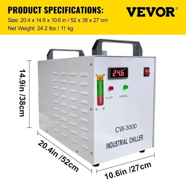 Industriell vattenkylare - VEVOR - 9 L för graveringsmaskiner/lasergravör 470 x 270 x 370 mm 220 V 50 W / ℃
