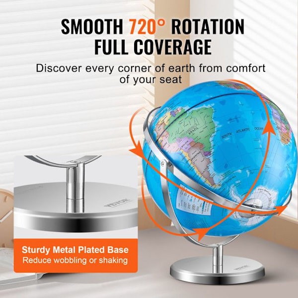 Roterande jordklot med stativ-VEVOR-330,2 mm-Exakt tidszon-ABS-material-720°-Lärande geografi i klassen
