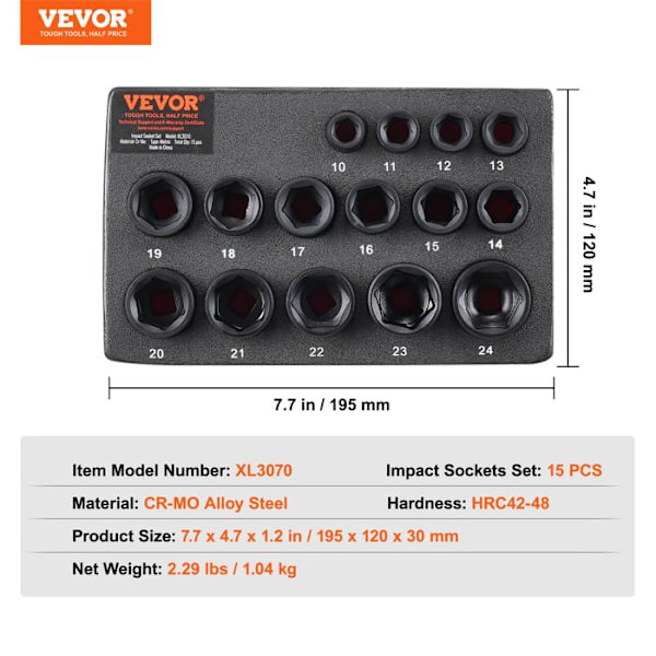 Ultra-Short Impact Socket Kit 3/8"-VEVOR-Metric 10-24 mm-15PCs Ratchet Wrench Kit - för bilreparation