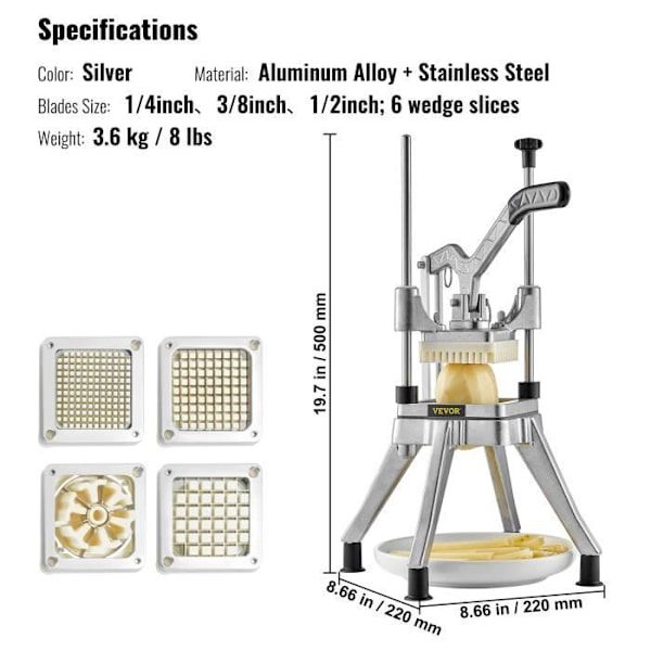 VEVOR Professionell pommes frites multifunktion frukt grönsaksskärare 4 blad i rostfritt stål