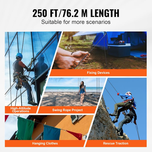 Flätat nylonrep - VEVOR - 5 mm x 76,2 m - Utomhusklätterrep - för vandring, camping, gunga, räddning