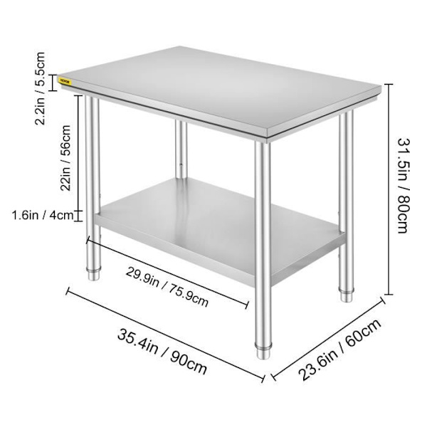 Köksarbetsbord i rostfritt stål - VEVOR - 60 X 90 X 80 cm - Lastkapacitet på 130 kg