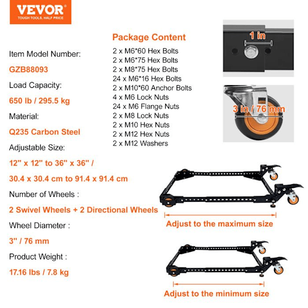 Mobil bas - VEVOR - Kraftig universal rullstativ Justerbar 304 x 304 mm till 914 x 914 mm - för träbearbetningsutrustning, bandsåg