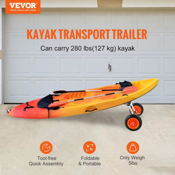 Kayakvagn - VEVOR - 127 kg Kanottransportvagn - Justerbar Bredd - Heltunna 25,4 cm för Kajaker 252x670x605 mm