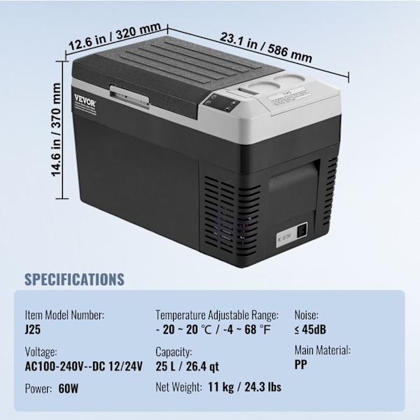 Portabel Kompressor Kylskåp-VEVOR-25 L-Mini Bilkylare 12/24 V DC och 100-240 V AC-Justerbar Temperatur