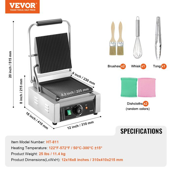 Elgrill 1800 W-VEVOR-Kommersiellt rostfritt stål Panini Press-Plancha för hamburgare, biff, bacon