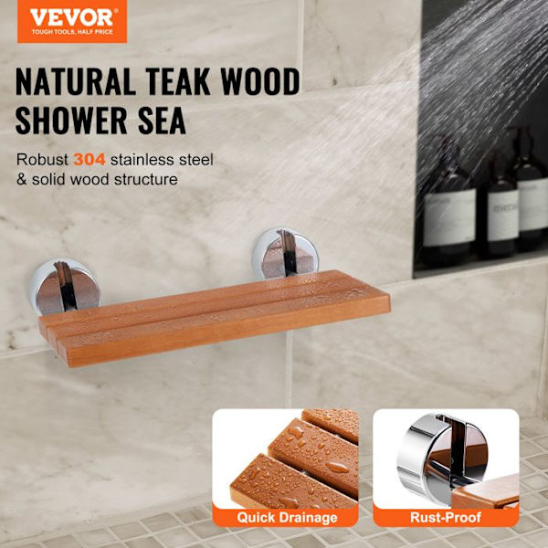 Vikbar duschsits i teak-VEVOR-51 x 33,5 cm-Belastning 199,58 kg, -Äldre gravida kvinnor,barn-entrébadrum