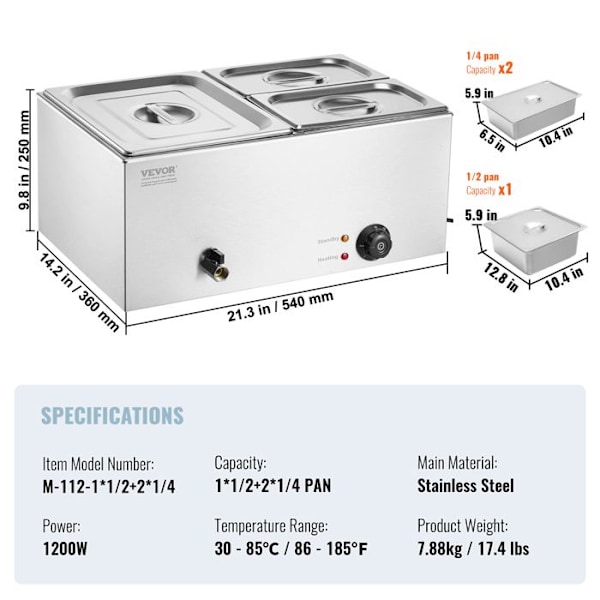 Buffématvärmare med 3 brickor-VEVOR-1200 W-Rostfritt stål-för uppvärmning Mat Catering Kvällsfest