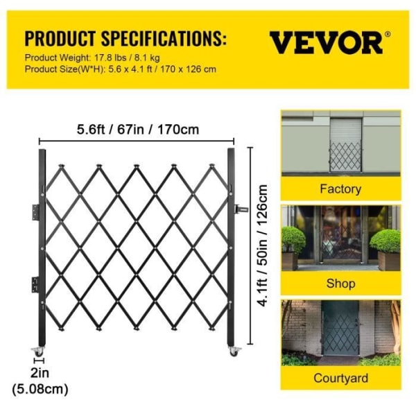 Vikbar säkerhetsgrind -VEVOR- 48" H x 66" B, Ståltrappstaket, 360° rullande, för hemkällargarage, svart